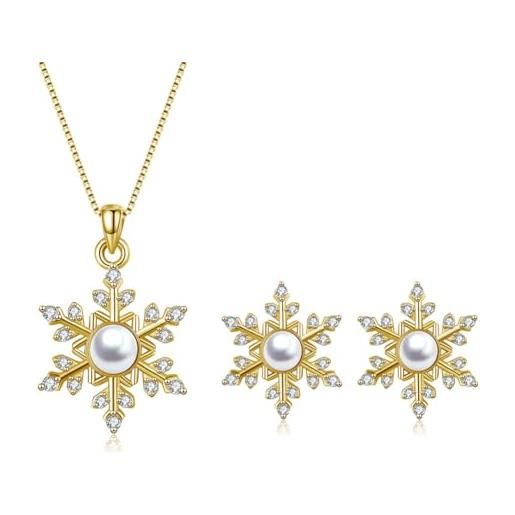 Kamise set di 2 gioielli da donna, in argento sterling 925, con ciondolo a forma di fiocco di neve e orecchini con perle di zirconia cubica, ipoallergenico, 45 cm, ciondolo in argento, oro, perla