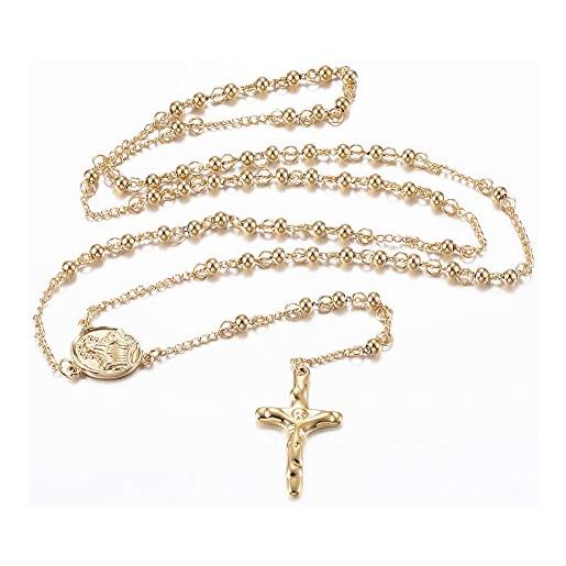 UNICRAFTALE 3pcs 304 collane in acciaio inossidabile collana con perline di rosario dorato con croce pendenti con croce collana giorno di pasqua per donne ragazze 25.59 (65 cm)