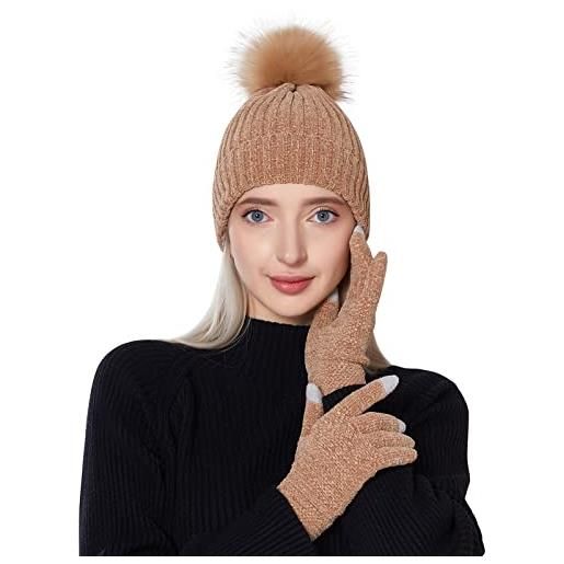 SEAUR set di berretto invernale in maglia e guanti touch screen donna beanie termico in ciniglia con pompon set 2 in 1 cappelli guanti caldi per quotidiano outdoor