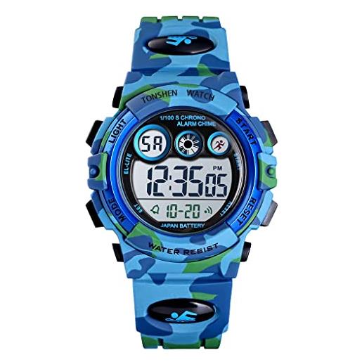 TONSHEN orologio ragazzo outdoor sportivo multifunzione multicolore led luce 50m impermeabile led elettronico digitale orologi da polso plastica (azzurro)