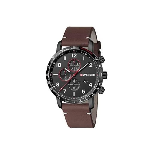 WENGER uomo attitude cronografo - orologio al quarzo analogico in acciaio inossidabile con cinturino in pelle marrone fabbricato in svizzera 01.1543.107