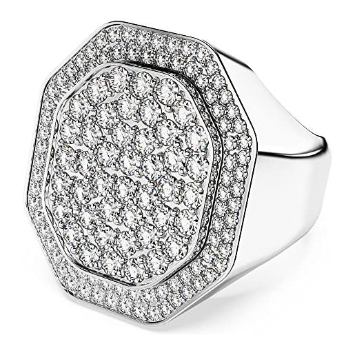 Swarovski dextera anello coctkail, con pavé di cristalli e zirconia Swarovski, forma ottagonale, placcato in tonalità rodio, taglia 60, bianco