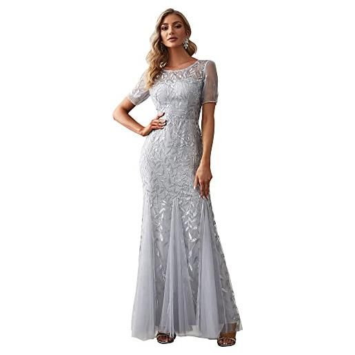 Ever-Pretty vestito da festa donna sirena paillettes tulle abito da sera manica corta lungo argento 58-60
