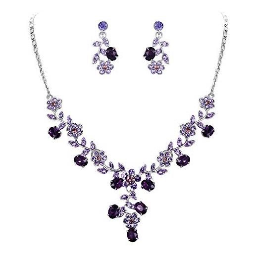 EVER FAITH collana del foglio del fiore orecchini set di cristallo austriaco silver-tone - viola n03848-11