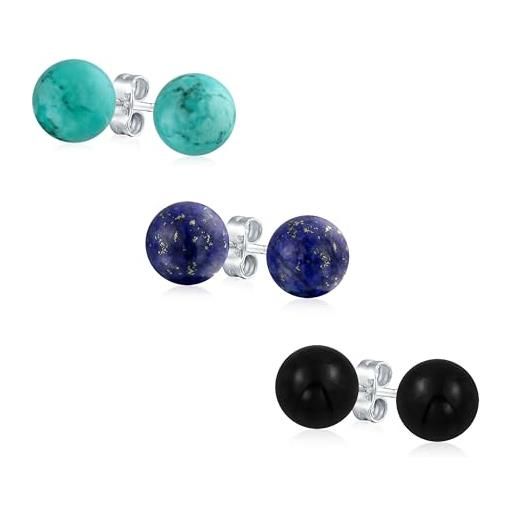Bling Jewelry set di 3 grandi orecchini a perno sfera con perle rotonde in pietra preziosa di lapislazzuli turchese e onice naturale da 10 mm in argento sterling. 925 per donne adolescenti
