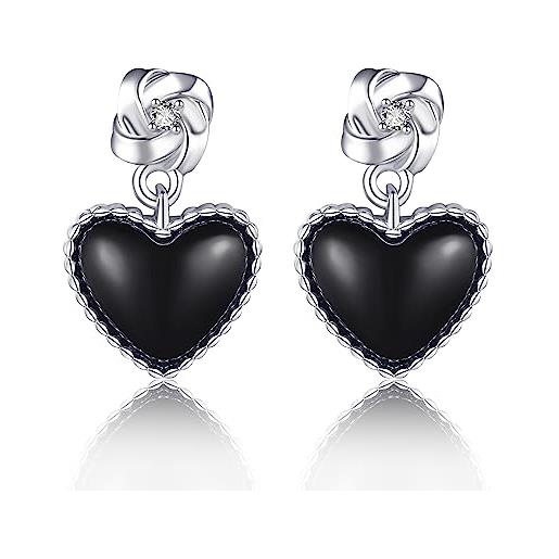 VENACOLY orecchini a forma di cuore nero, in argento sterling 925, con ciondolo a forma di nodo d'amore, con ciondolo a forma di cuore, regalo per donne, argento sterling