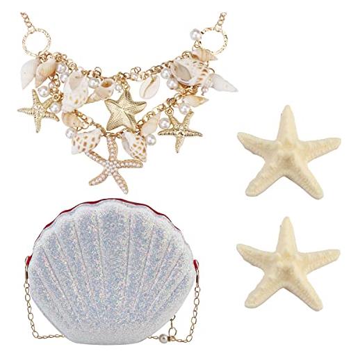 Kakonia accessori per costumi da sirena per donna starfish seashell colletto di perle finte bavaglino statement collana grossa fermaglio per capelli starfish gold