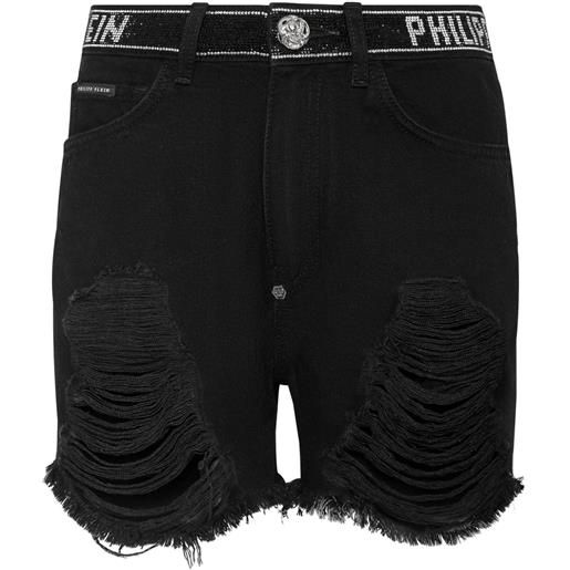Philipp Plein shorts denim a taglio vivo con decorazione di cristalli - nero