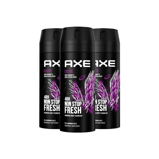 Axe spray per il corpo excite deodorante senza alluminio garantisce una protezione efficace contro l'odore del corpo per 48 ore, 150 ml, 3 pezzi