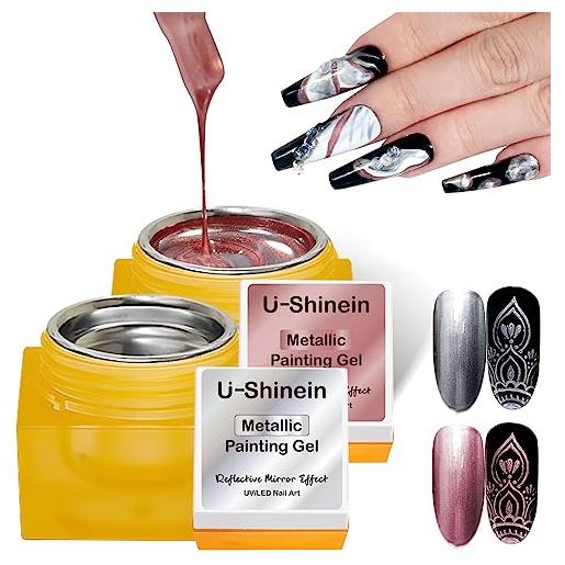 U-Shinein gel per nail art, gel per nail art, colore argento e oro, aggiornato, super riflettente, gel per nail art fai da te, gel uv, sliver+oro rosa