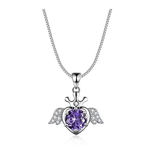 Bellitia Jewelry collana con ciondolo a forma di ali d'angelo in argento sterling 925 con catena regolabile per lei, collana con pietra ametista, regalo per donne e ragazze