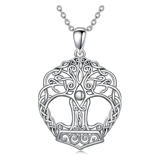 ROMANTICWORK collana con albero della vita vichingo in argento sterling con ciondolo a forma di martello thor mjolnir, gioiello norreno regalo per le donne