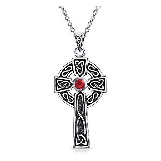 Bling Jewelry antico nodo d'amore irlandese simulazione di granato rosso cz celtico claddagh religioso croce ciondolo per donne ossidato. 925 argento