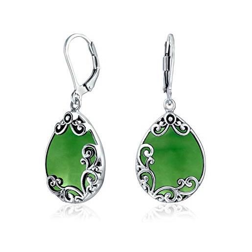 Bling Jewelry stile occidentale teardrop scroll ornato filigrana scroll quarzo tinto simulato verde giada colore orecchini a leva per le donne. 925 sterling silver