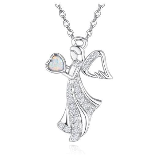 KINGWHYTE collana con angelo custode, in argento sterling 925, opale ali d'angelo, regalo per donne, ragazze, figlie, amici, opale