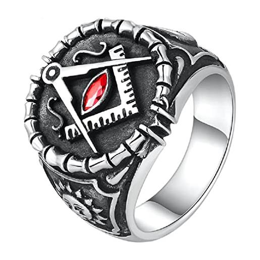 PikaLF anello massonico da uomo, anello massonico sole luna, anelli massonici simbolo massonico di cristallo rosso, anello da motociclista hip hop, gioielli massonici punk per uomini ragazzi, metallo