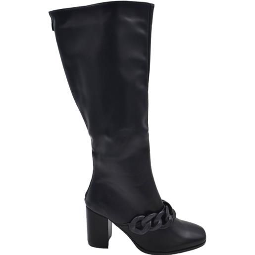 Malu Shoes stivali donna in pelle nera fondo gomma antiscivolo tacco quadrato 5 cm al ginocchio zip con catena punta quadrata