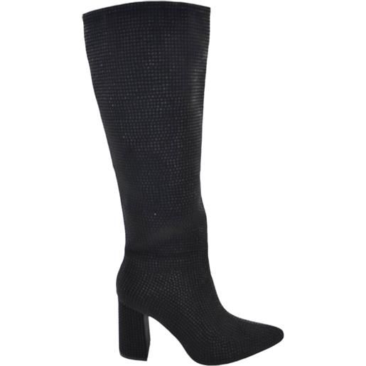 Malu Shoes stivale alto nero donna ginocchio ricoperto di strass tacco doppio 8cm aderente con zip a punta moda cerimonia