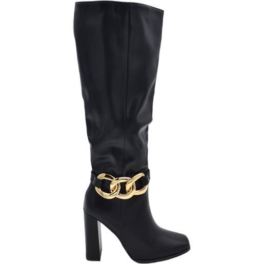 Malu Shoes stivale donna alto morbido in pelle nera con tacco largo10 cm liscio con catena oro a punta quadrata altezza ginocchio