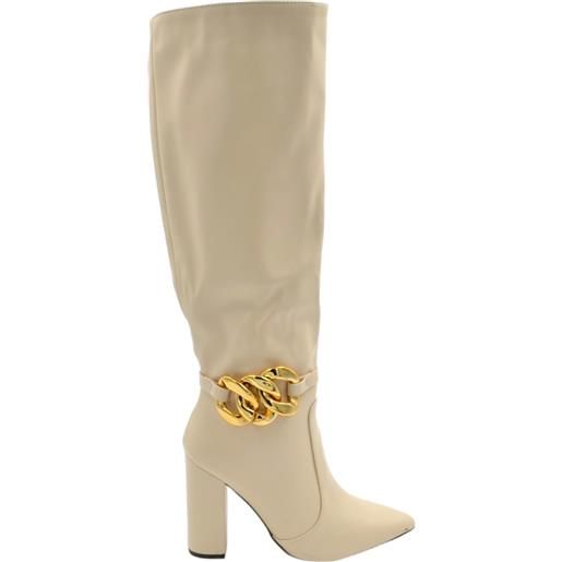 Malu Shoes stivale donna alto morbido in pelle beige con tacco largo10 cm liscio con catena oro a punta moda altezza ginocchio