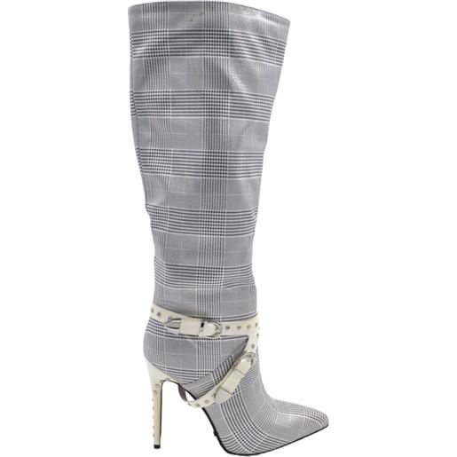 Malu Shoes stivale alto donna grigio tessuto fantasia pied de poule laminato con tacco a spillo 12cm aderente zip e punta moda