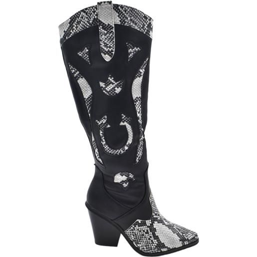 Malu Shoes stivali camperos donna in ecopelle morbida nera altezza ginocchio con tacco western legno 5cm dettagli animalier zip