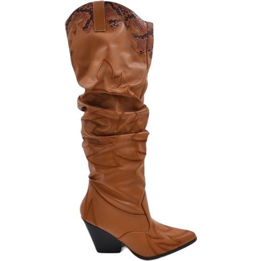 Malu Shoes stivali camperos donna in ecopelle arricciata cuoio altezza ginocchio con tacco western legno 5cm dettagli animalier zip