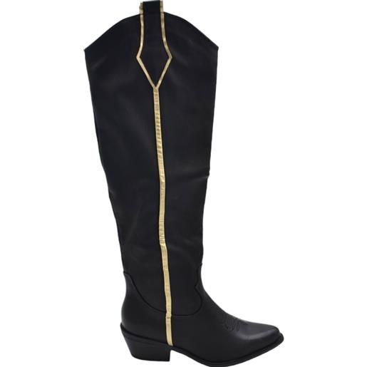 Malu Shoes stivali texani camperos donna nero tacco western in legno 3 cm striscia dorata al ginocchio moda tendenza