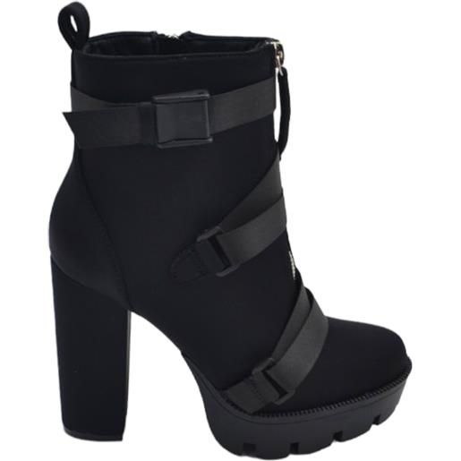Malu Shoes stivaletto tronchetto alto donna nero con tacco largo 15 e plateau 5 cm elastico con fibbie regolabili moda platform