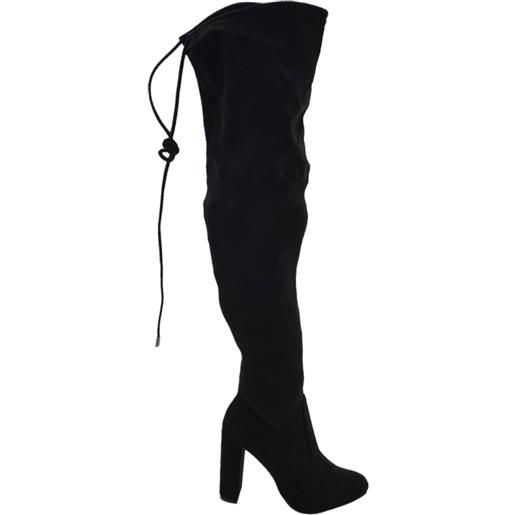 Malu Shoes stivali donna alti in camoscio nero elastico sopra ginocchio con coulisse e zip tacco quadrato alto 10 cm comodi