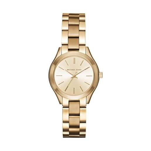 Michael Kors orologio mini slim runway da donna, movimento a tre lancette, cassa in acciaio inossidabile dorata da 33 mm con bracciale in acciaio inossidabile, mk3512, tono oro e crema