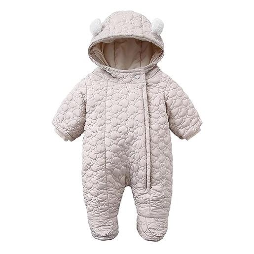 Zukmuk bambino tuta da neve pagliaccetti manica lunga tuta con cappuccio per neonato carino, footies con guanti spesso tutine neonato onesies, infantile jumpsuit unisex (beige, 9-12 months)