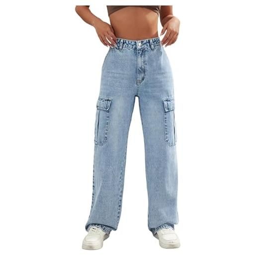 Generico jeans neri donna - pantaloni cargo larghi da strada da donna a vita alta quotidiana pantaloni jeans con tasche grandi pantaloni in velluto