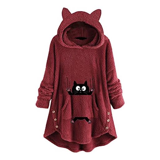 Zilosconcy donne pocket cat ear hoodie fashion fleece pullover button cute printing long sleeves camicie sweater top giacca felpa, rosso, m