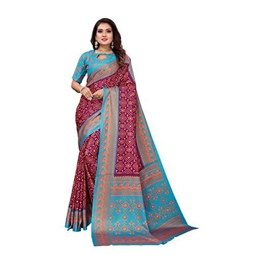 BishtHub Fashion sari di usura del partito stampato di seta di arte delle donne con pezzo della camicetta non cucita, rosso e verde. , taglia unica