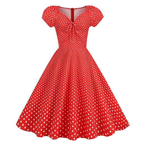 Wellwits abito vintage da donna convertibile con spalle scoperte e increspato sul davanti anni '50, pois bianchi in arancione, 46-48