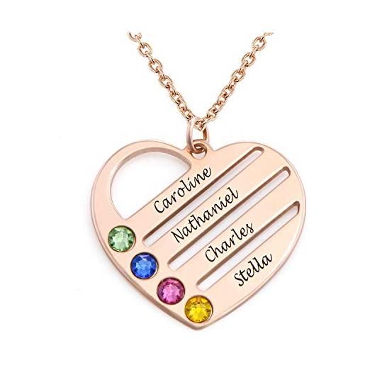 MyNameNecklace myka - collana personalizzata cuore incisa con nomi e pietre portafortuna - regalo personalizzato per mamma o nonna (argento 925 placcato oro rosa 18k)
