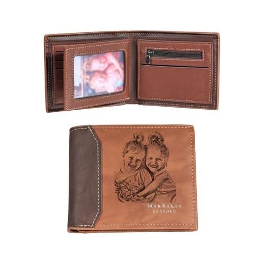 MunkiMix personalizzati foto pelle bifold portafogli per uomo personalizzato inciso schizzo immagine/testo uomo portafoglio regali per lui papà fidanzato marito figlio (b1-2 testi, leggero marrone)