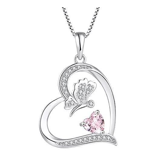 FJ collana farfalla argento 925 donna collana con ciondolo ottobre pietra portafortuna tormalina rosa gioielli regalo per donna