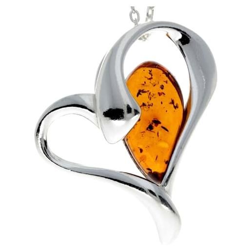 SilverAmber Jewellery ciondolo moderno a forma di cuore in ambra baltica e argento sterling senza catena, gl346, pietra argento sterling resina, ambra, 