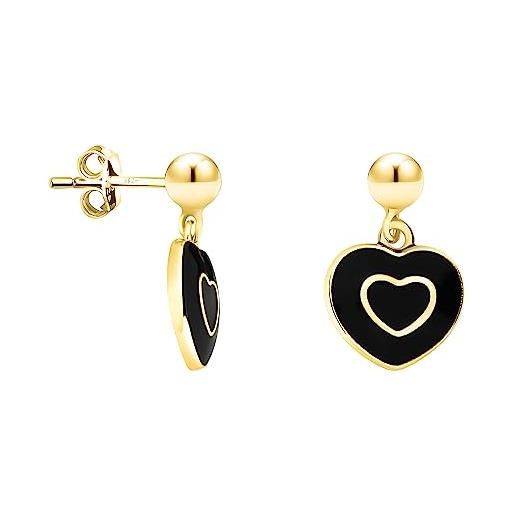 Sofia milani - orecchini da donna in argento 925 - placcati in oro e con pietra zircone - orecchino pendente a palla cuore nera - e2205