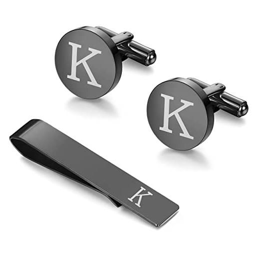 Morfetto nero iniziale gemelli e tie clip set per gli uomini personalizzati gemelli di rame e tie bar lettera alfabeto a-z regalo per il padre marito k