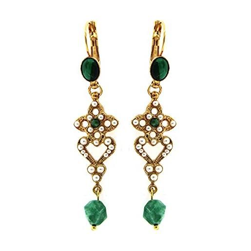 Mokilu' - gioielli - orecchini vintage - donna - ottone dorato 24kt - pietra verde - perle