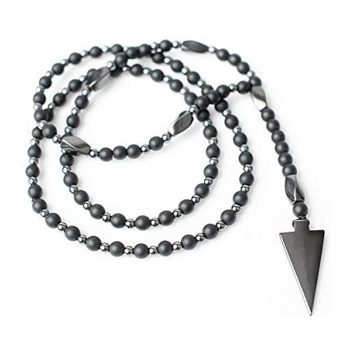 Perla Style collana da uomo con collana unisex a rosario in pietra ematite collana lunga con freccia ematite pietra 6 mm onice nero opaco 4 mm