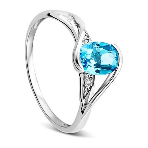 OROVI anello da donna in oro bianco 9 kt con topazio blu e diamanti taglio brillante 0,9 ct, oro bianco, diamante