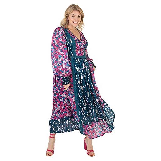 Lovedrobe womens maxi plus size dress for ladies long sleeve flower pattern v neckline back lace cuffs for summer office party blue pink size 24