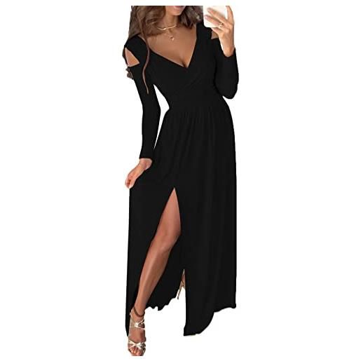 Générique donne sexy solido scollo a v maniche lunghe da sera abito lungo spacco alto vestito da vigilia, le noir, xxxl