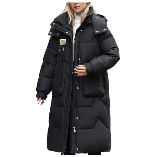 Lapirek estensione giacca marsupio da donna invernale piumino medio lungo grande cappuccino in cotone sottile colorato con grandi tasche, nero # 1, m