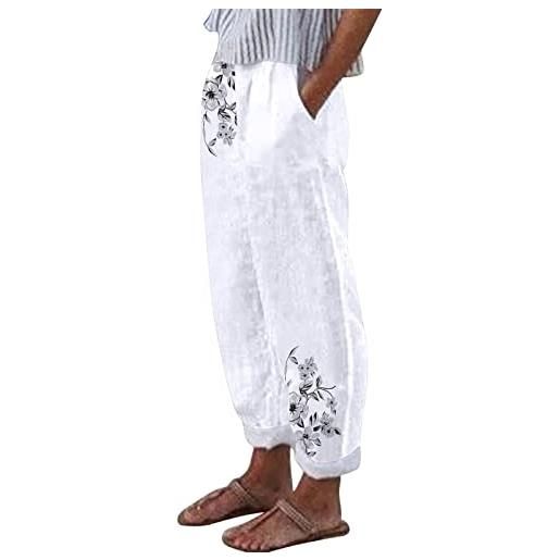 Dwevkeful pantaloni capri in lino stampato floreale casual da donna in pizzo cotone capris per donna estivo leggero elastico in vita comodi pantaloni a gamba larga da spiaggia
