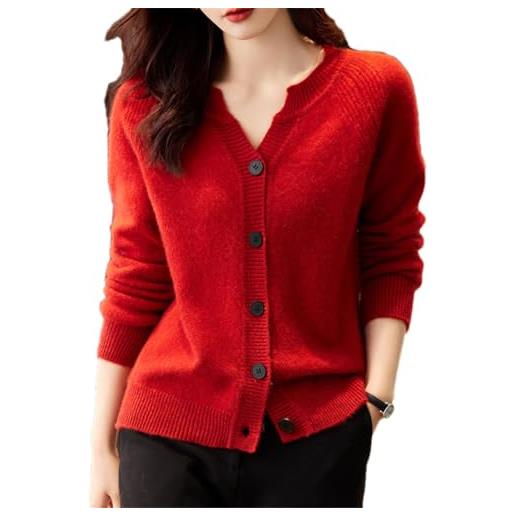 Pohullan cardigan lavorato a maglia in lana merino, da donna, girocollo, in cashmere, con scollo a v, giacca superiore, rosso, xl